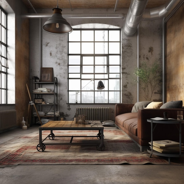 A living room with a couch and a table with a lamp on it.