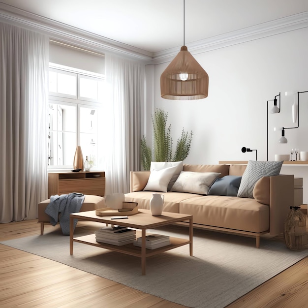 A living room with a couch and a table with a lamp on it.