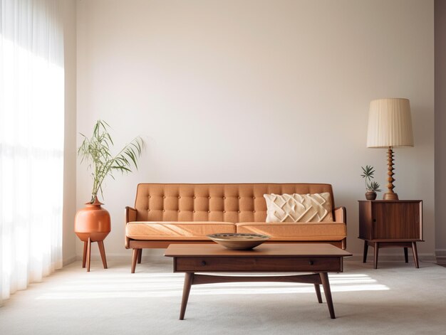 A living room with a couch and a table with a lamp on it