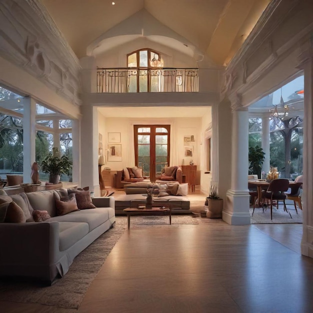 a living room with a couch and a table with a large window