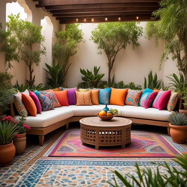 a living room with a couch and a table with many different colored pillows