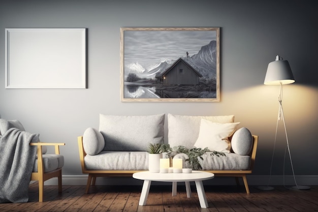 A living room with a couch and a table with a mountain on it.