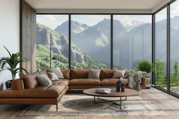 a living room with a couch and a table with a mountain view