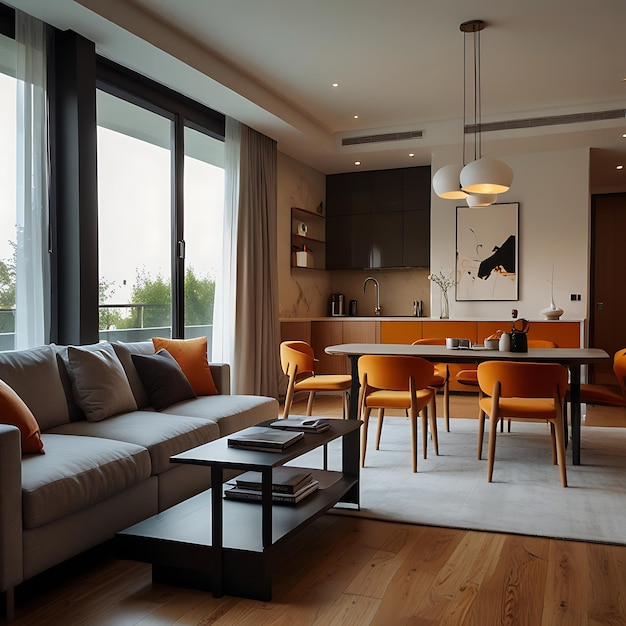 a living room with a couch and a table with orange chairs and a lamp