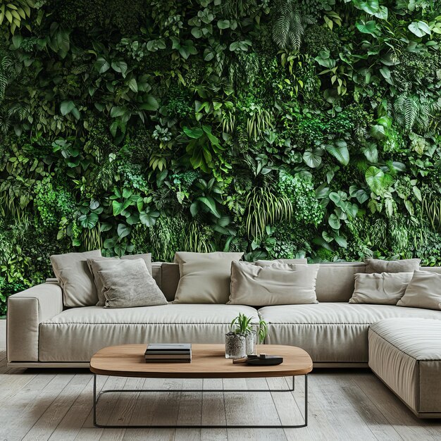 Photo a living room with a couch and a table with pillows and a wall of ivy behind it