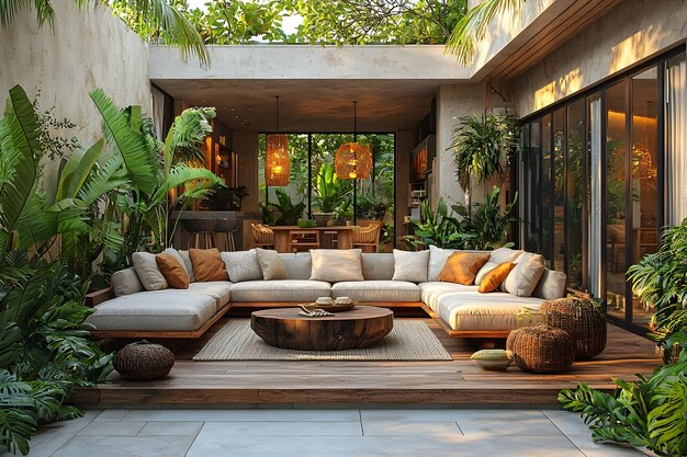 Photo a living room with a couch and a table with a plant in the center