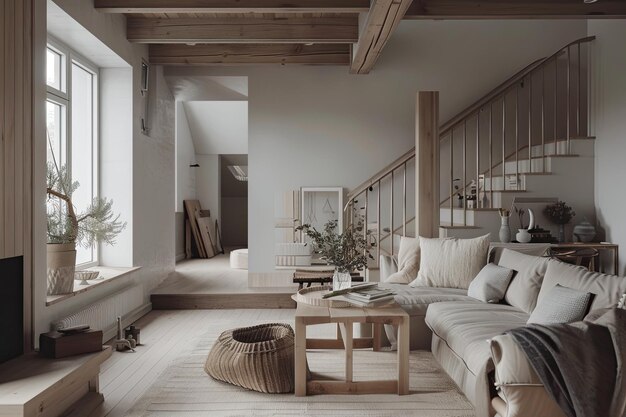 a living room with a couch and a table with a plant on it