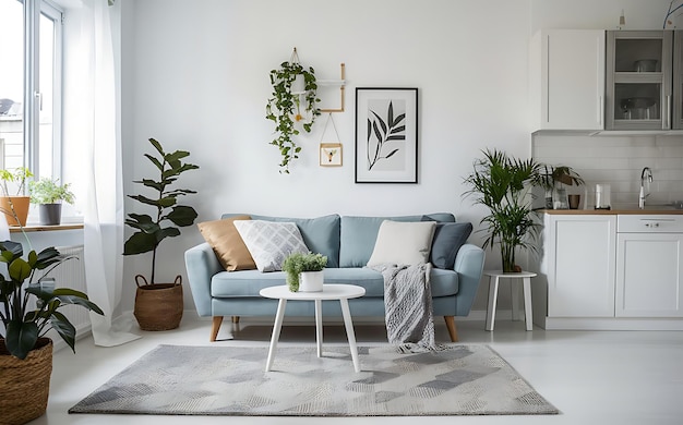 a living room with a couch and a table with a plant on it