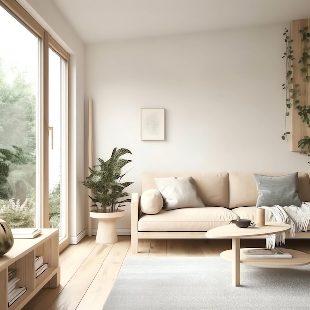 A living room with a couch and a table with a plant on it