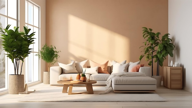 a living room with a couch and a table with a plant on it