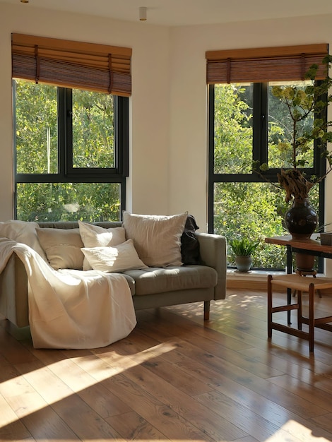 A living room with a couch and a table with a plant on it