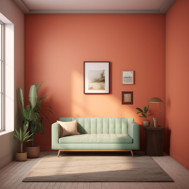 A living room with a couch and a table with a plant on it.