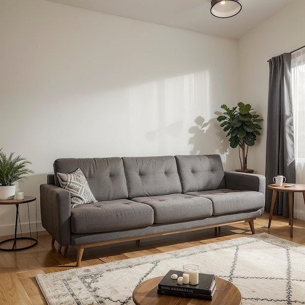 a living room with a couch and a table with plants on it