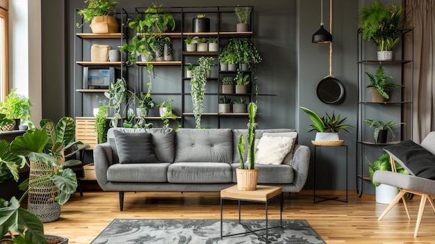 a living room with a couch and a table with plants on it