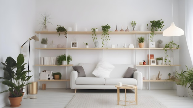 A living room with a couch and a table with plants on it