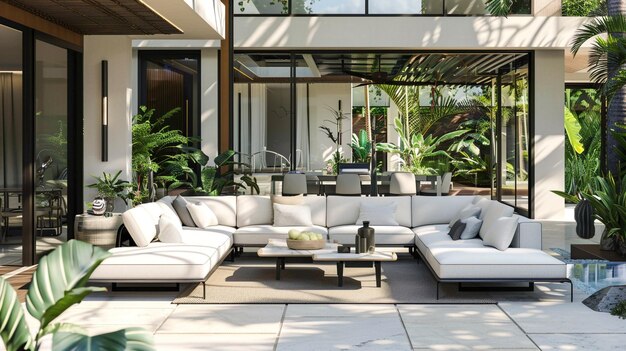 a living room with a couch and a table with plants and a large window