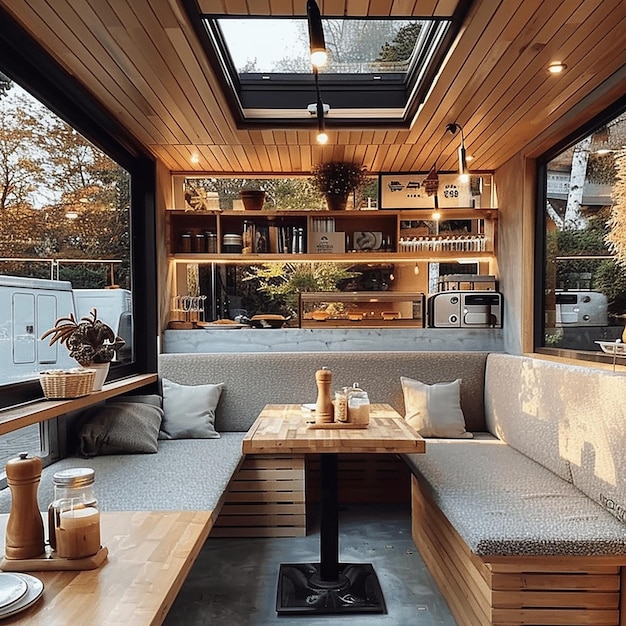 a living room with a couch and table with a skylight above it