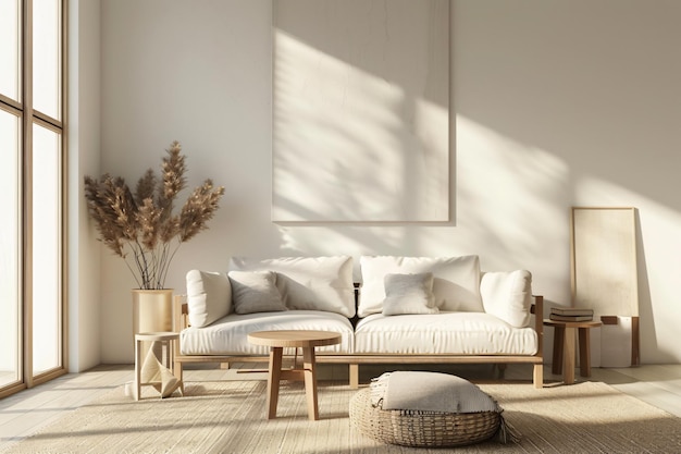 a living room with a couch and a table with a vase of flowers