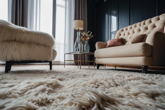 Photo a living room with a couch and a table with a vase with flowers on it