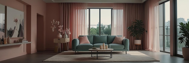 a living room with a couch and a table with a vase with flowers on it