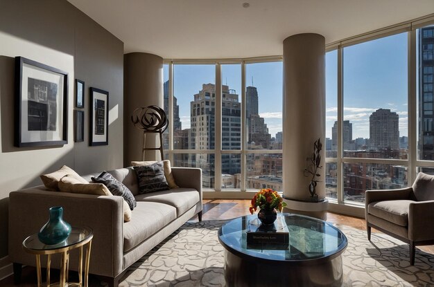 Photo a living room with a couch and a table with a view of the city