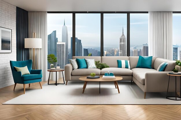 A living room with a couch and a table with a view of the city.