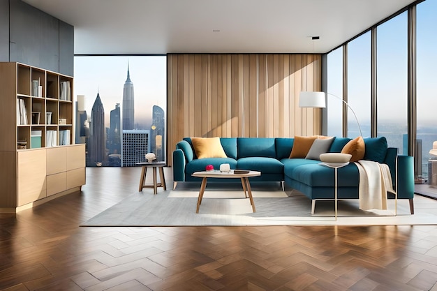 A living room with a couch and a table with a view of the city.