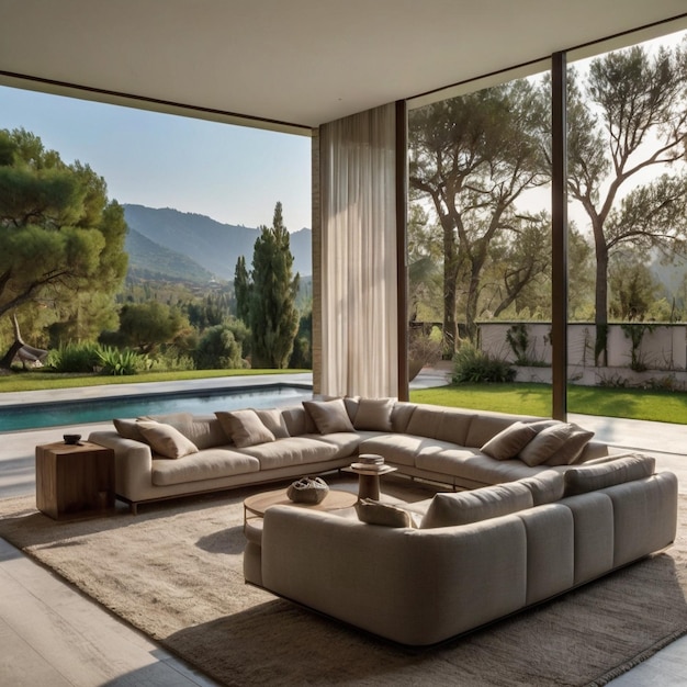 a living room with a couch and a table with a view of the mountains