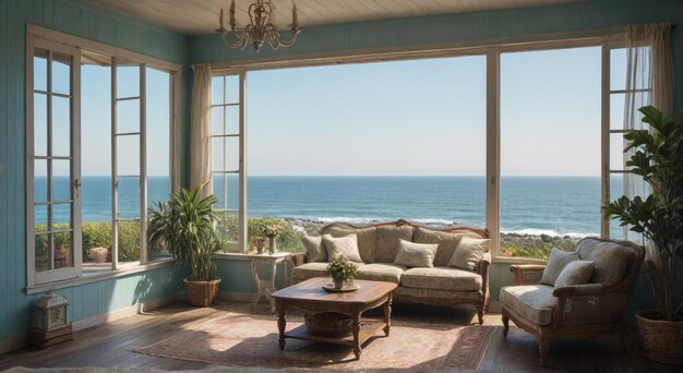 Photo a living room with a couch and a table with a view of the ocean