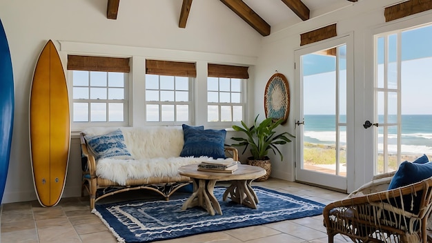 a living room with a couch and a table with a view of the ocean