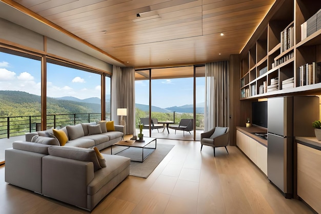 A living room with a couch, a television, and a table with chairs.