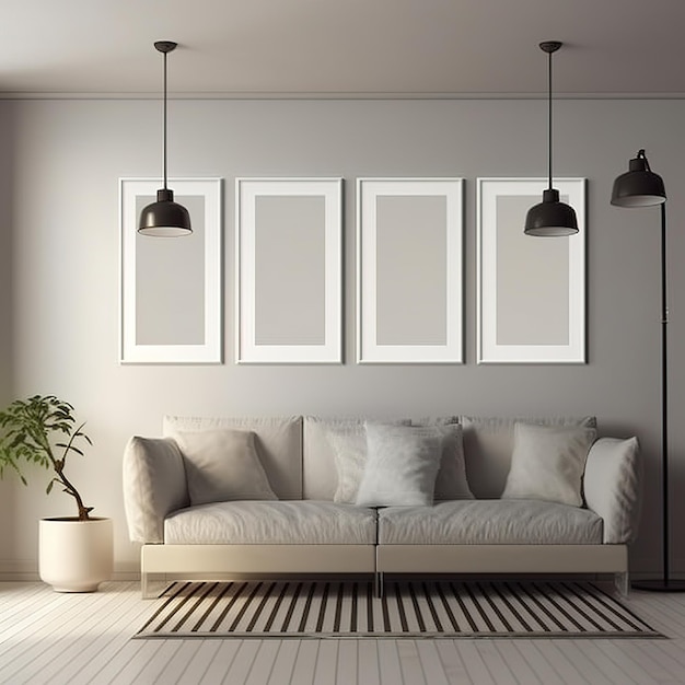 A living room with a couch and three frames hanging on the wall.