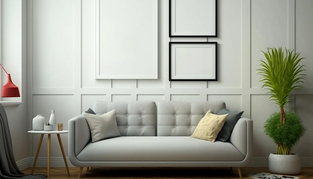 A living room with a couch and three frames on the wall.