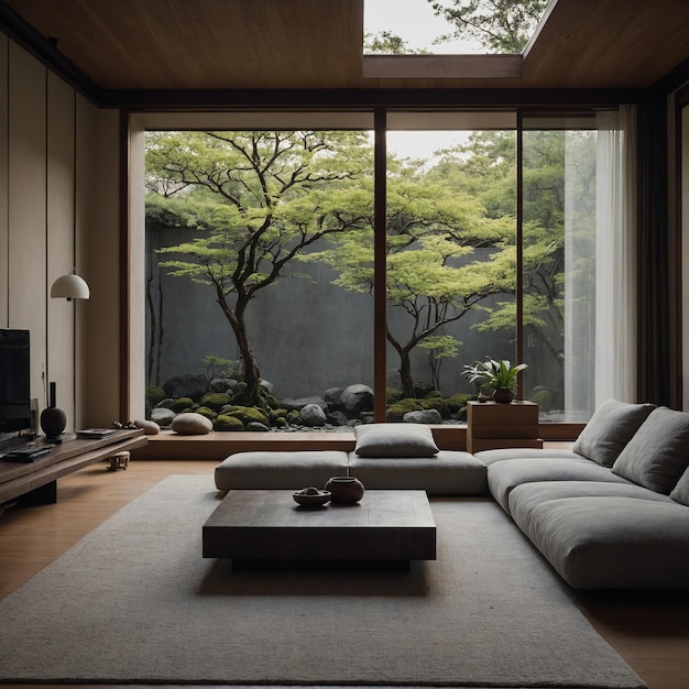 a living room with a couch and a tree outside