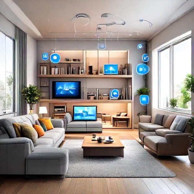 a living room with a couch tv and a wall of windows with a blue circle on the wall