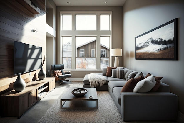 A living room with a couch and a tv on the wall