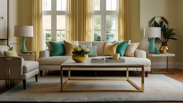 a living room with a couch and a vase of flowers on the table