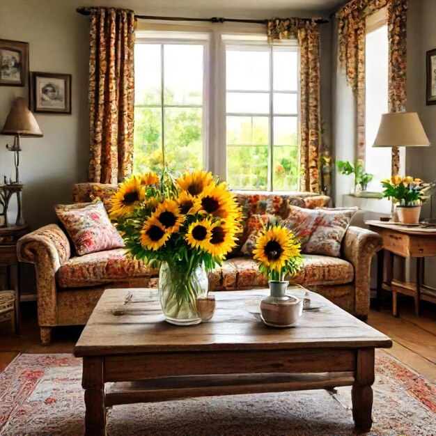 a living room with a couch a vase of sunflowers and a coffee table