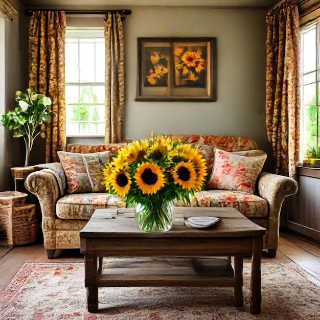 a living room with a couch and a vase of sunflowers on the table