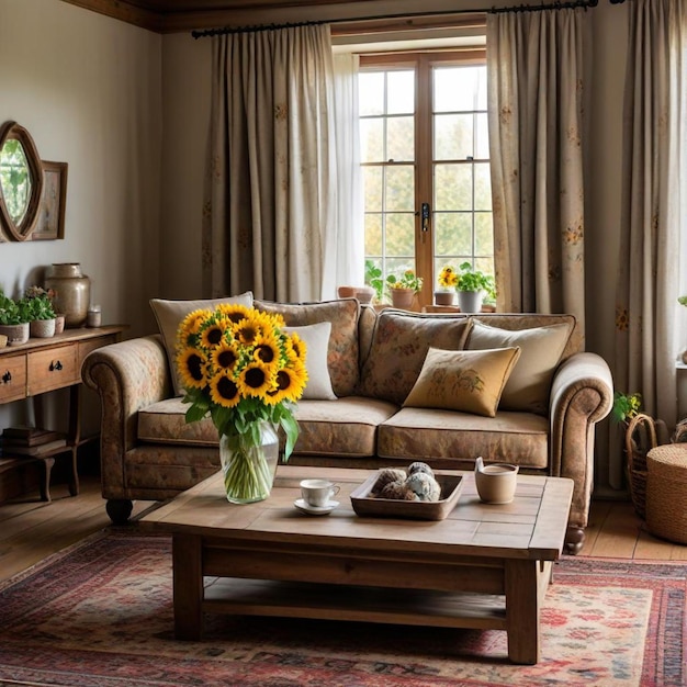 a living room with a couch a vase of sunflowers and a vase of flowers