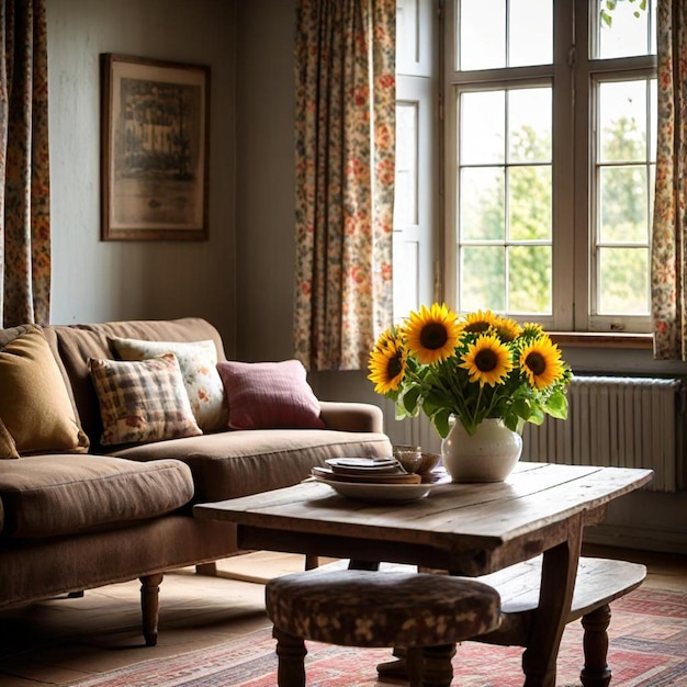 Photo a living room with a couch a vase of sunflowers and a vase of sunflowers