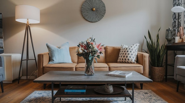 Photo a living room with a couch a vase with flowers and a clock on the wall