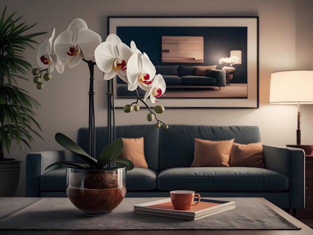 Photo a living room with a couch a vase with flowers and a coffee cup