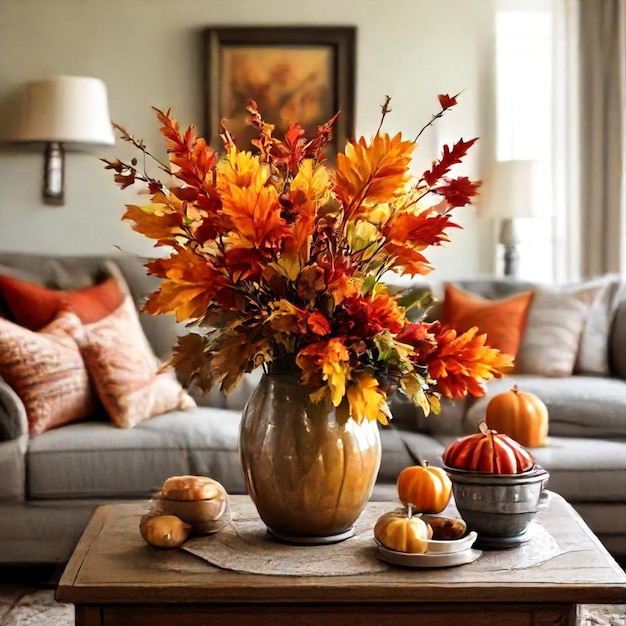 a living room with a couch a vase with flowers and a vase with fall leaves on it