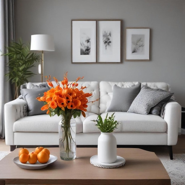 a living room with a couch a vase with flowers and a vase with oranges