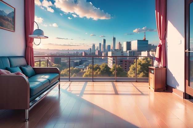 A living room with a couch and a view of a city.