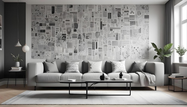 Photo a living room with a couch and a wall covered in pictures of the city