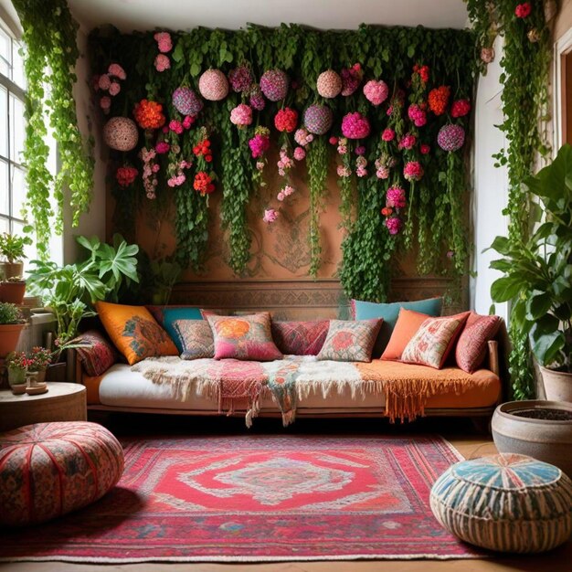 Photo a living room with a couch and a wall hanging of flowers