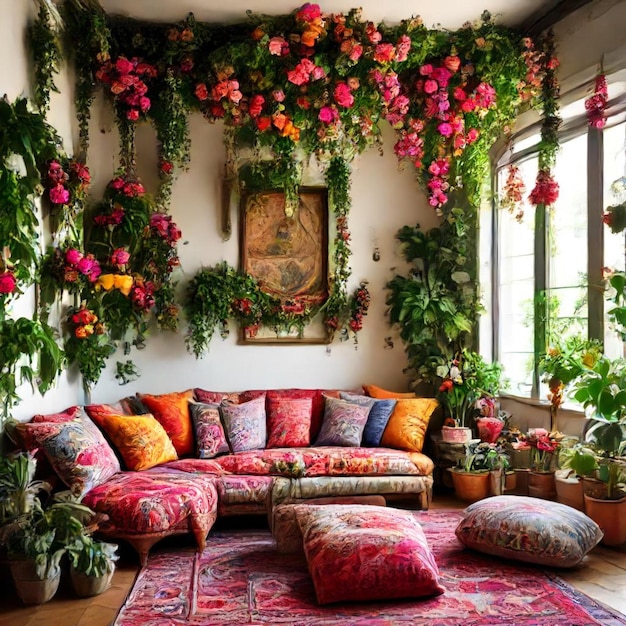 a living room with a couch and a wall hanging with flowers and a picture of a ship