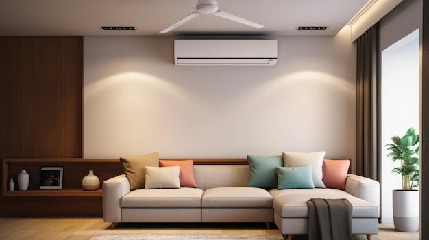 A living room with a couch and a wall with a air conditioner on it.